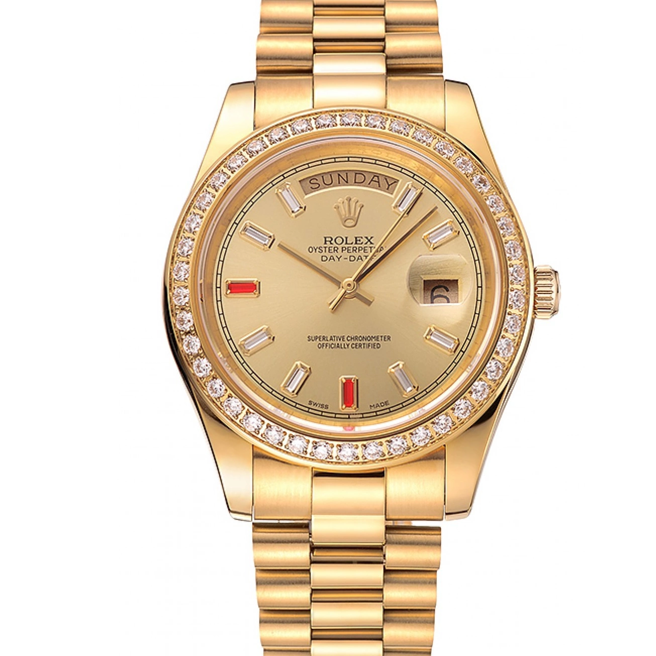 Best AAA Replica Sites 1454100 Champagne And Bracelet Swiss Rubies Dial Day-Date Diamonds Rolex Gold 0622